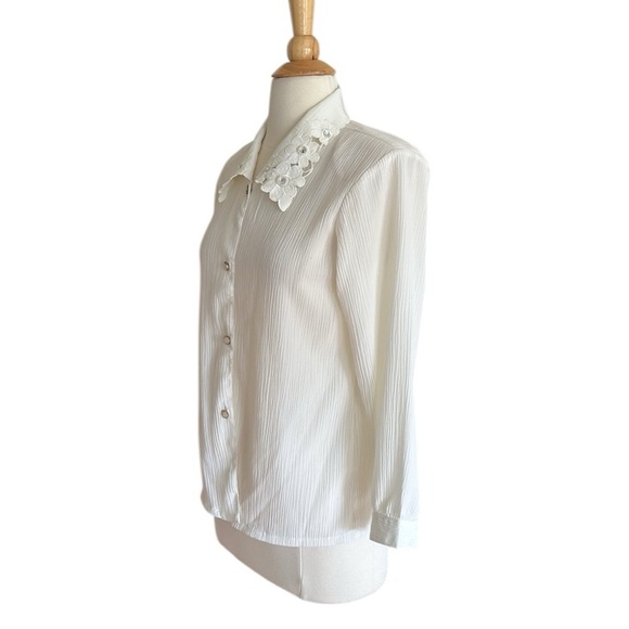 ROYAL DEL Vintage 70s White Crepe Button Down Shirt Lace Embellished Collar S - Picture 7 of 15